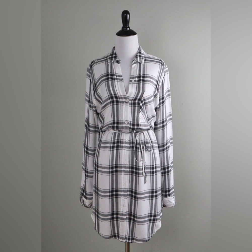 Rails Blair Belted Plaid Shirt Dress Anthropologie White Charcoal Grey‎ L